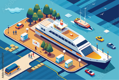 Modern ferry docked at a busy isometric port with cars, people, trees, and boats under clear blue sky