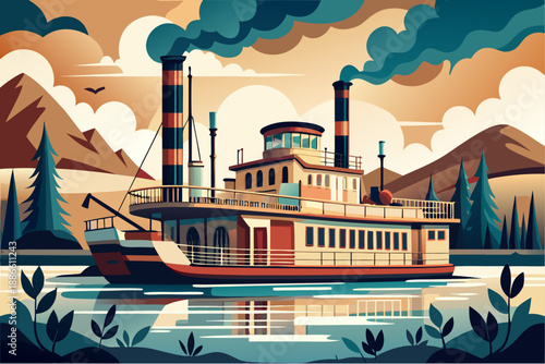 Vintage steamboat cruising on a calm river surrounded by mountains and pine trees in retro illustration style