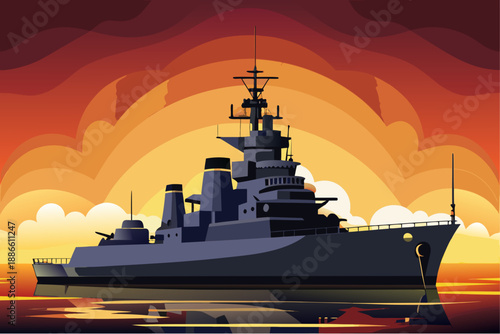 Military battleship floating on calm water with dramatic sunset sky and colorful clouds in vector style