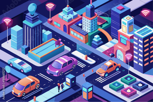 Futuristic smart city with electric cars, modern buildings, and wireless network signals in isometric style