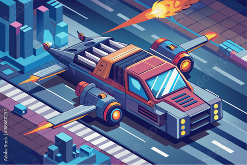 Futuristic flying car with wings and jet engines soaring over a city street in colorful sci-fi illustration