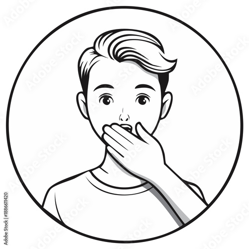 Young man covering mouth with hand, expressing surprise or shock in monochrome illustration.