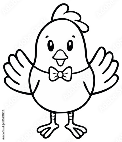 Cute Cartoon Chicken Wearing a Bow Tie Line Art Illustration for Coloring Pages and Easter Themes