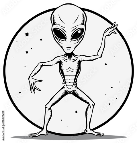 Stylized Alien Figure Dancing in Space, Extraterrestrial Creature Graphic, Isolated Outlined Vector Illustration in Black and White