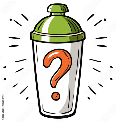 Cartoon Protein Shaker with Question Mark Illustrating a Supplement Mystery Concept
