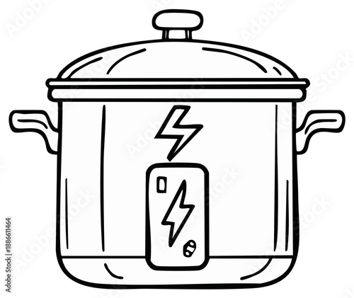 Slow cooker illustration, outline of electric multicooker with controls, cooking equipment in linear style for coloring book.
