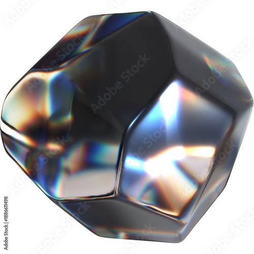 An irregular, faceted dark crystal or gemstone with intense internal prismatic reflections and a liquid-metal sheen.


