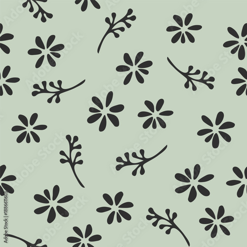Seamless floral pattern in calming sage green with hand drawn botanical elements. Minimal modern background for textile, packaging, branding, wallpaper, stationery and eco design projects.