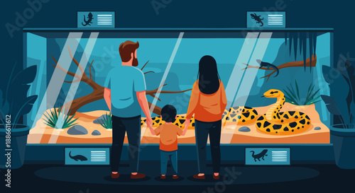 Vibrant vector illustration depicting a family, a mother, father, and child, observing fascinating snakes and lizards in a modern zoo reptile exhibit