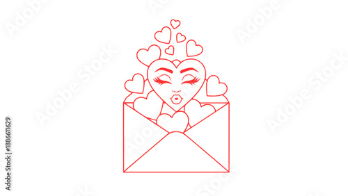 Line art illustration of Cupid emerging from an envelope, symbolizing love letters, romance messages, and Valentine’s Day communication.