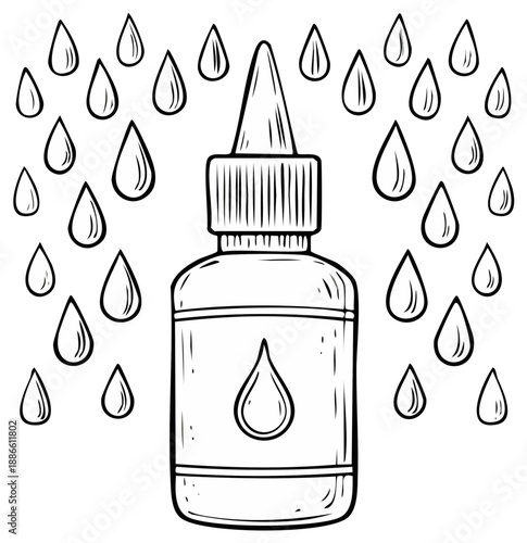 Illustration of a dropper bottle with falling droplets and a drop symbol