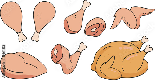 Chicken Meat Illustration Set Featuring Drumsticks, Wings, Thighs, and Whole Roasted Chicken in Flat Vector Style