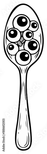 Cartoon spoon filled with eyeballs in a bizarre illustration.
