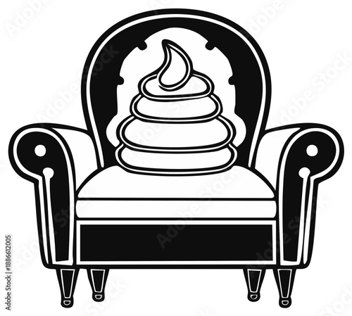 Stylized Black and White Illustration of a Comfortable Armchair with a Pile of Poop on Seat