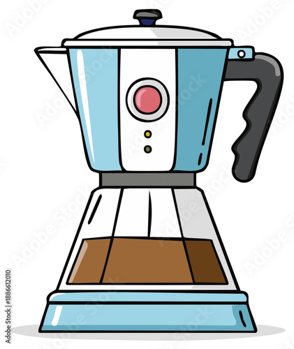 Vibrant Blue Moka Pot Coffee Maker Illustration with Freshly Brewed Coffee