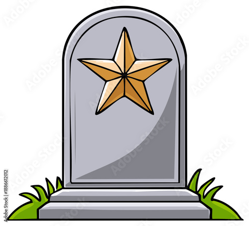 Grey memorial gravestone with a prominent golden star and grass at base