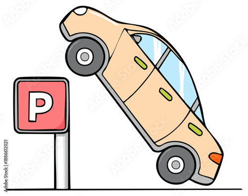 Funny cartoon illustration of a car in an impossible parking situation balanced vertically by a sign