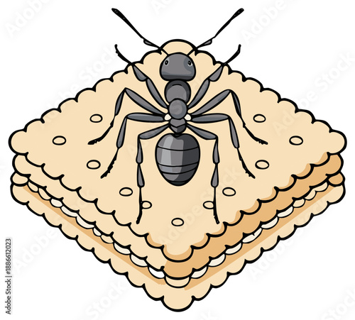 Ant on Cracker - Black insect sitting on cracker food with cream filling, eating, drawing style illustration