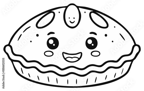 Cute cartoon pie with almonds, a happy face, and decorative crust in black and white.