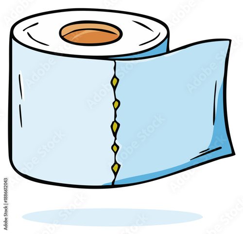 Cartoon drawing of light blue toilet paper roll with perforation points shown in yellow