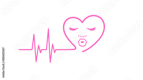 Minimal illustration combining heartbeat line and heart with face, symbolizing love, life, emotion, and emotional connection.