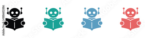 Robot character reading a book, symbolizing artificial intelligence learning and knowledge acquisition