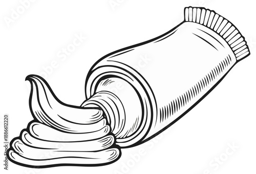 Outline drawing of squeezed tube and cream, lotion or paint flow, isolated on white.