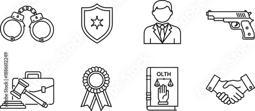 Line Art Law Enforcement Icon Set Featuring Police Handcuffs Sheriff Badge Professional Lawyer Gun Weapon Gavel Verdict Award Oath Book and Handshake Vector Illustration