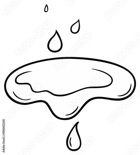 Cartoon illustration of water puddle with water drops, hand drawn doodle style, black line drawing, simple abstract vector
