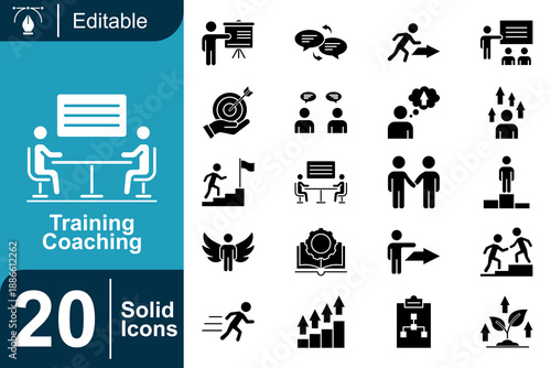 Training and Coaching Icons Solid Visuals for Business Development, Skill Building, and Team Collaboration