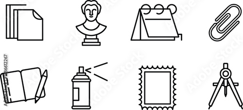 Line Art Creative Design Icon Set Featuring Drawing Compass Spray Paint Can Classical Bust Sculpture Paper Sheets Notebook Calendar Paperclip And Picture Frame Vector Illustration