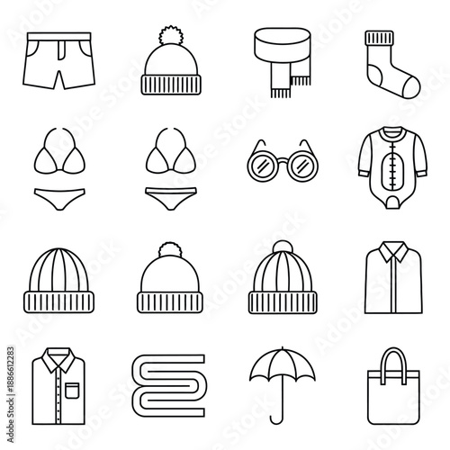 Minimalist Clothing Apparel Icons Collection Featuring Fashion Accessories for Seasonal Wear
