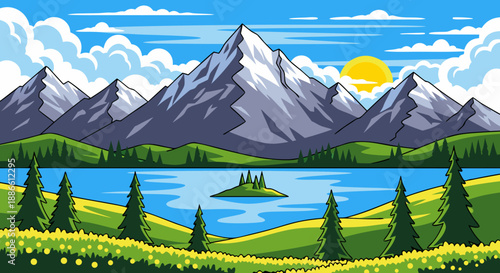 Vibrant vector illustration majestic mountain lake landscape with serene water, green fields, and sunny sky, ideal for digital art or game assets
