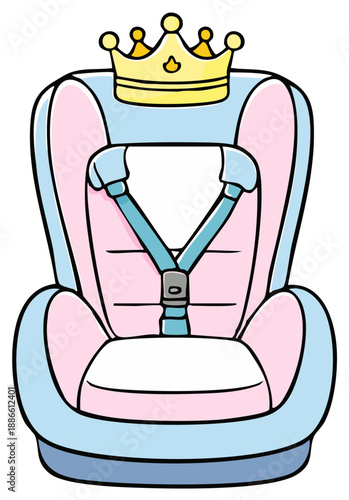 Pink baby car seat with blue straps and a yellow crown for a princess illustration.