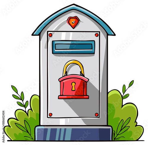 Locked Mailbox with Decorative Plants and Heart Accent in Cartoon Style