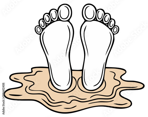 Cartoon illustration of bare feet standing in a puddle of wet mud or sand