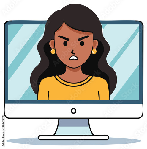 Angry woman character on computer monitor screen expressing online frustration and digital discontent
