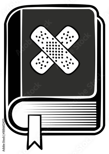 Illustration of a book with crossed bandages, symbolizing repair and learning