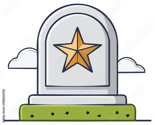 Minimalist Graphic of Grave Stone with Golden Star, Simple Memorial Icon on White Background