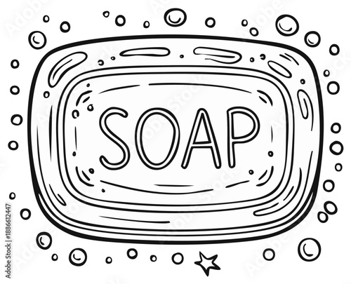Illustrated Bar of Soap and Bubbles, Hand Drawn Doodle Illustration