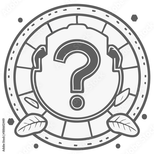 Illustration of a question mark inside a decorative circular frame with leaves.