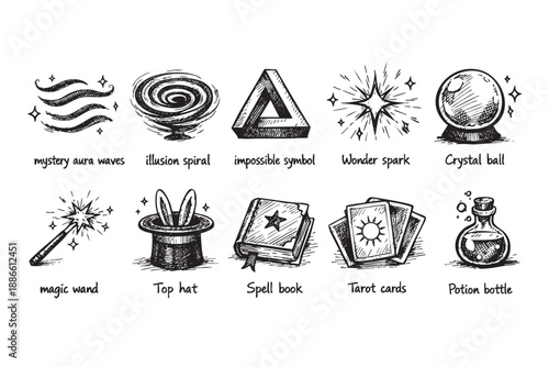 Collection of hand-drawn magical elements, including a crystal ball, tarot cards, magic wand, and potion bottle on white, evoking mystery and fantasy.