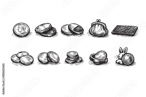 Hand-drawn style illustration featuring coins, a wallet, and a rabbit, set against a clean white background, conveying a sense of traditional finance.