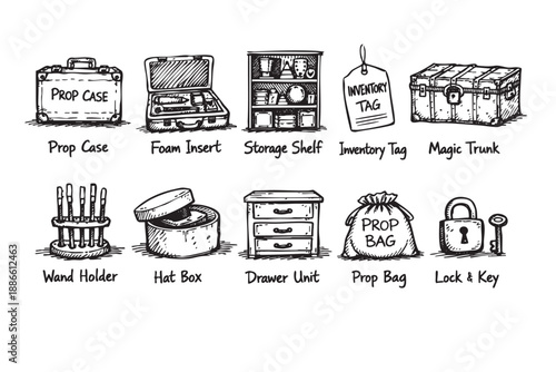 A hand-drawn sketch collection featuring a prop case, magic trunk, wand holder and other equipment perfect for fantasy, stagecraft, or magical themed design.