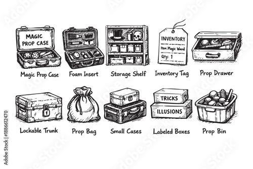 Black and white hand drawn illustration featuring magic props including a magic prop case, storage shelf, inventory tag, prop bin, trunk, and labeled boxes.