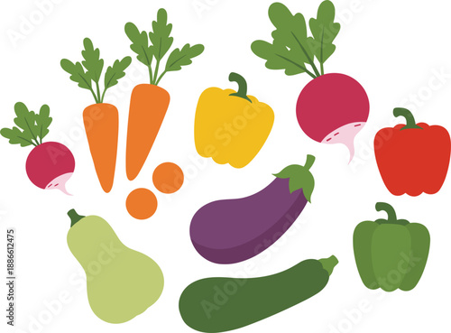 Colorful Fresh Vegetables Illustration Set Featuring Carrots, Peppers, Eggplant, Radish, Zucchini, and Pear in Flat Vector Style