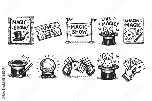 Hand-drawn illustrations featuring classic magic symbols, including a magic show banner, ticket, magician's hat, playing cards and a crystal ball. Perfect for posters and decorations.