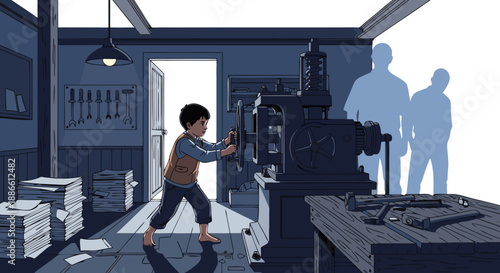Young Boy Engages with Vintage Printing Press in a Historical Workshop Setting, a Detailed Vector Illustration of Industrial Heritage and Early Learning