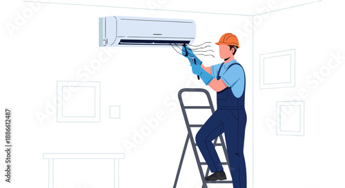 Expert HVAC service worker performing air conditioning system maintenance, a detailed vector illustration depicting repair and cleaning of indoor cooling units