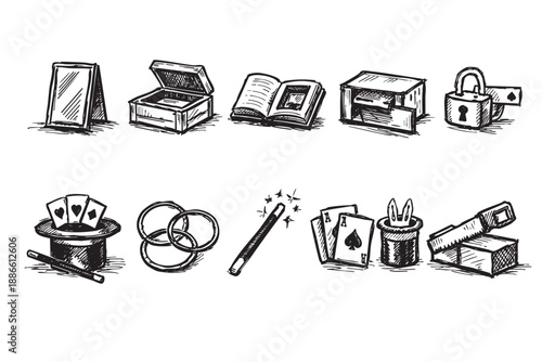 A hand drawn black and white sketch featuring classic magic tricks, including cards, hat, box, mirror, and rings, evoking mystery and entertainment.